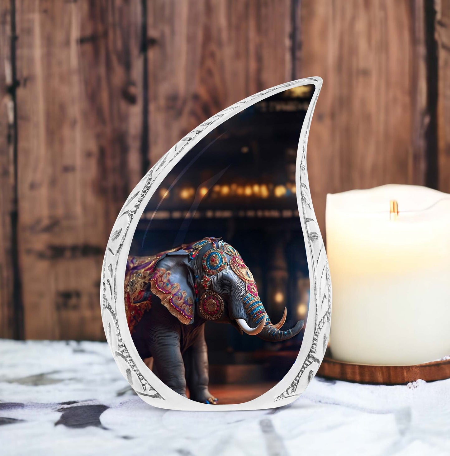 Large cremation urn for ashes featuring an intricate elephant design, ideal for adult male funeral use