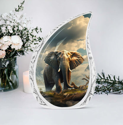 Large elephant crossing river memorial urn useful for human ashes