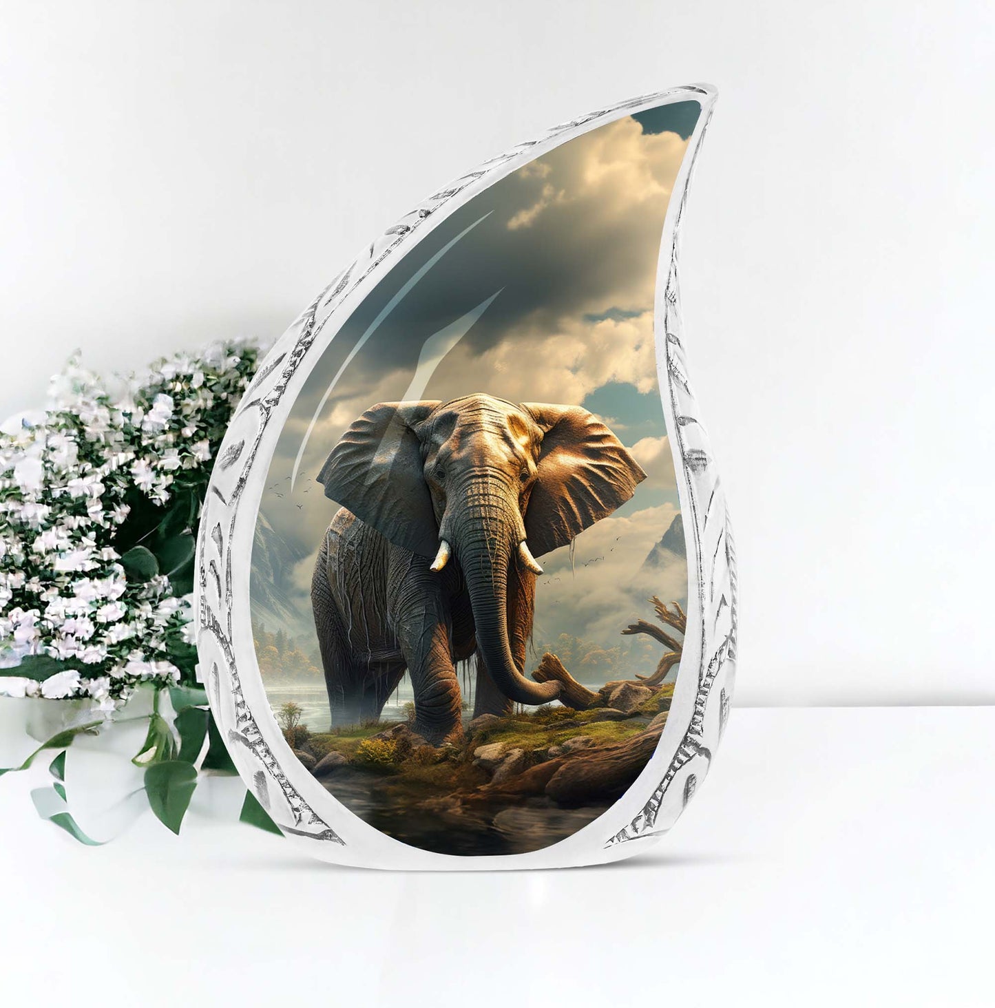 Large elephant crossing river memorial urn useful for human ashes
