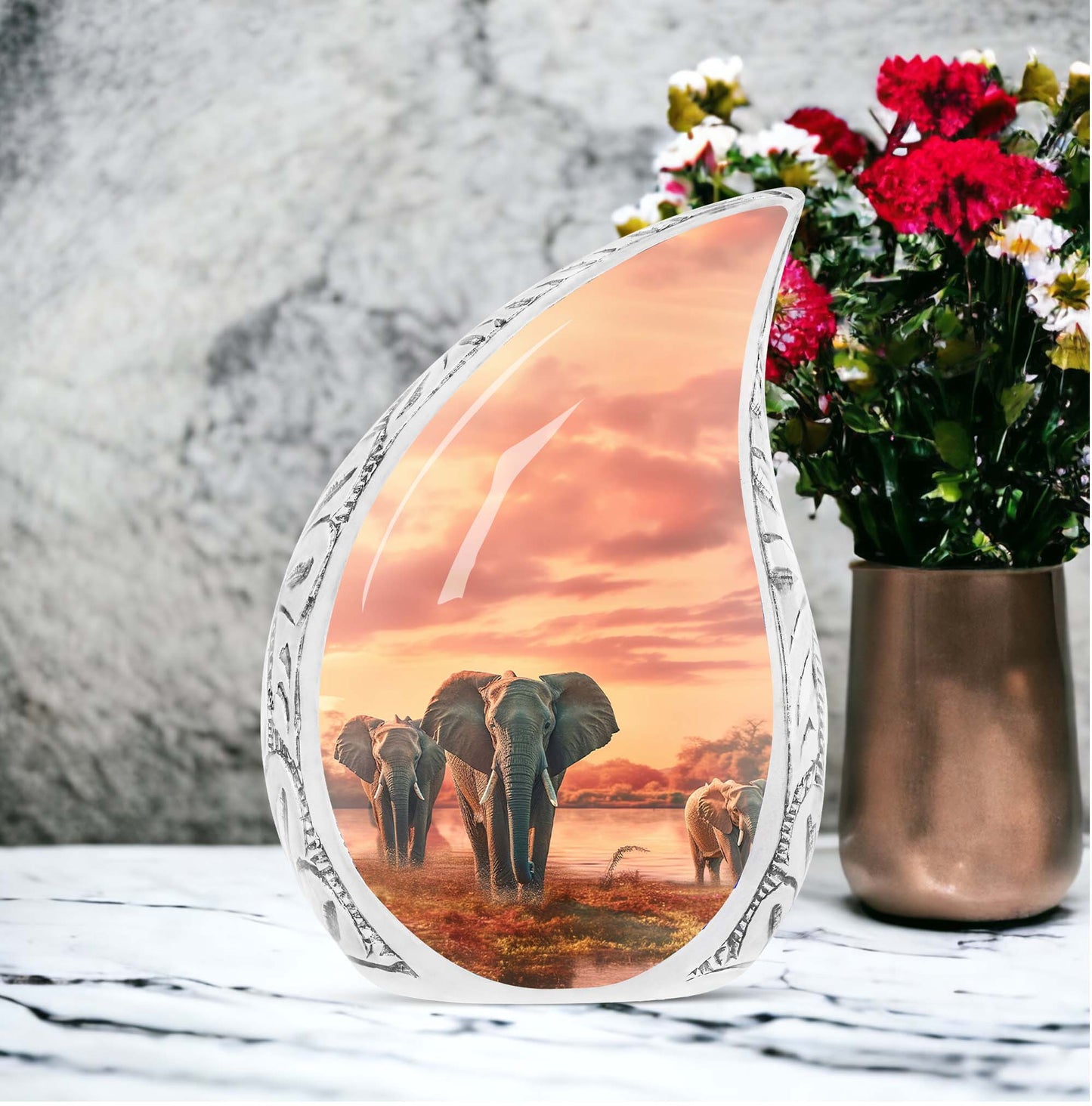 Large urn for human ashes featuring an elephant walking through a field design, suitable for funeral usage