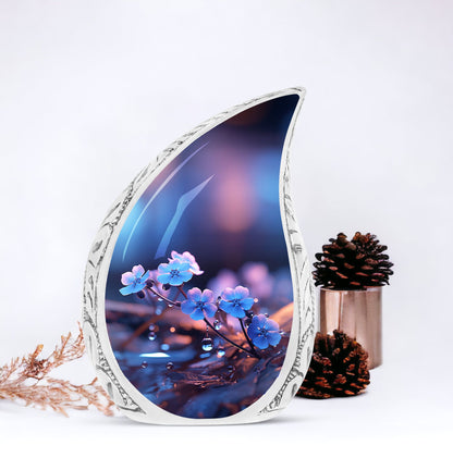 Large decorative cremation urn adorned with Forget Me Not Blue flowers and water drops, unique funeral urn for human ashes.