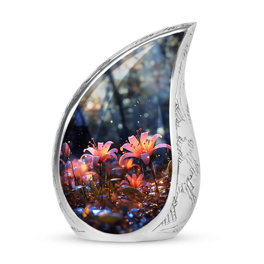 Large cremation urn featuring 2 Pink Lilly Night imagery, ideal for memorials, particularly for Dad.