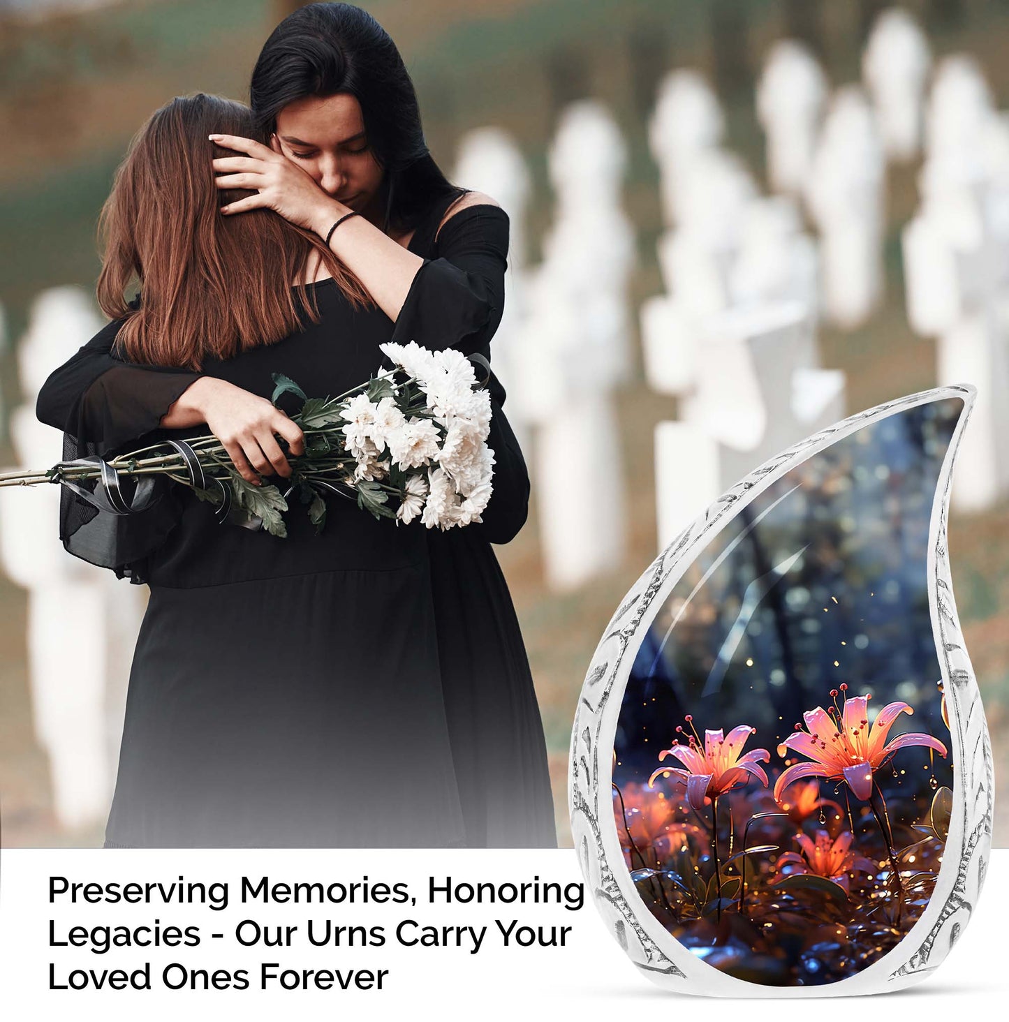 Large cremation urn featuring 2 Pink Lilly Night imagery, ideal for memorials, particularly for Dad.