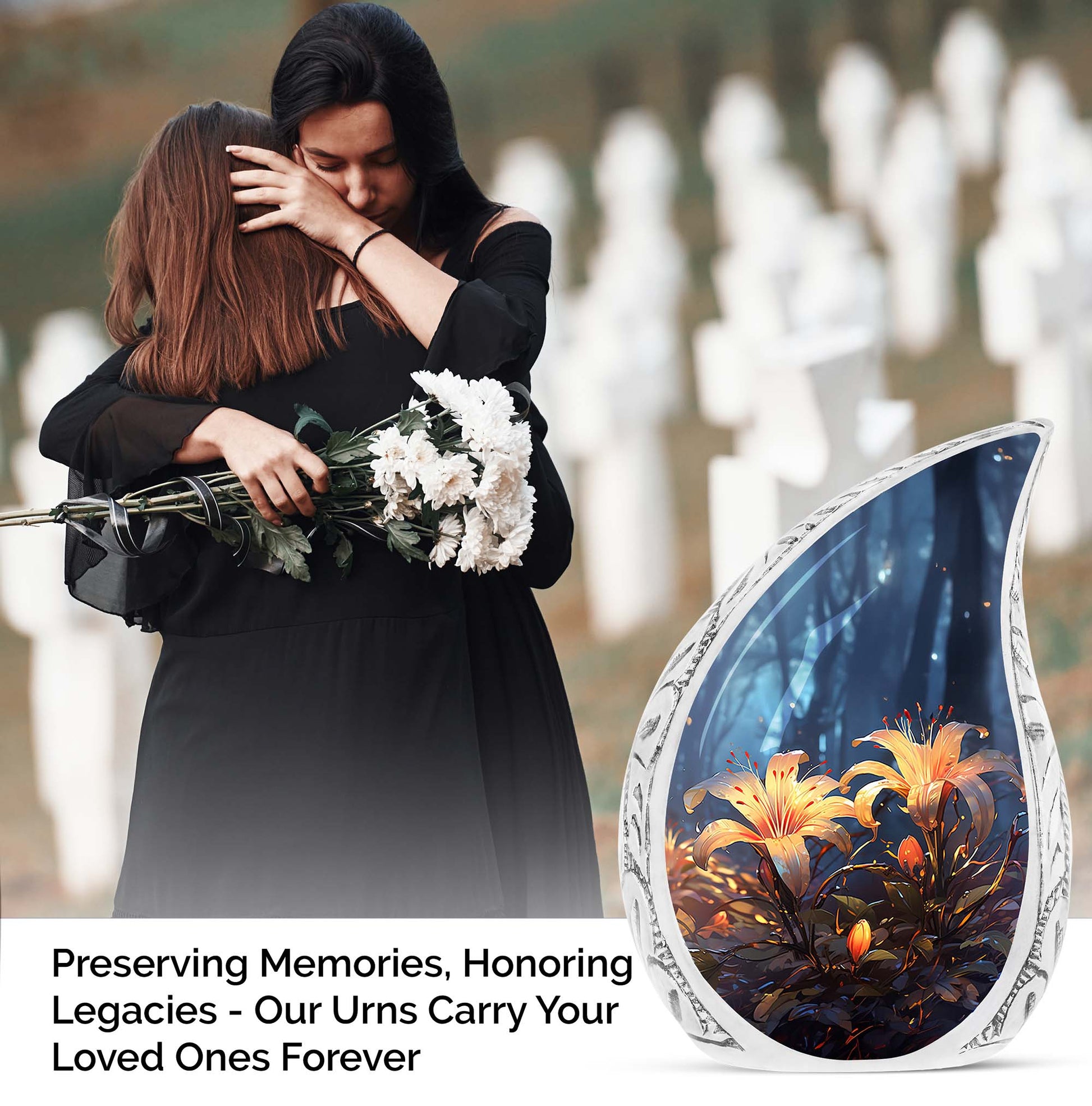 Elegant large urn for ashes featuring a beautiful yellow lilly, suitable for women, designed for burial in ground or metal cremation