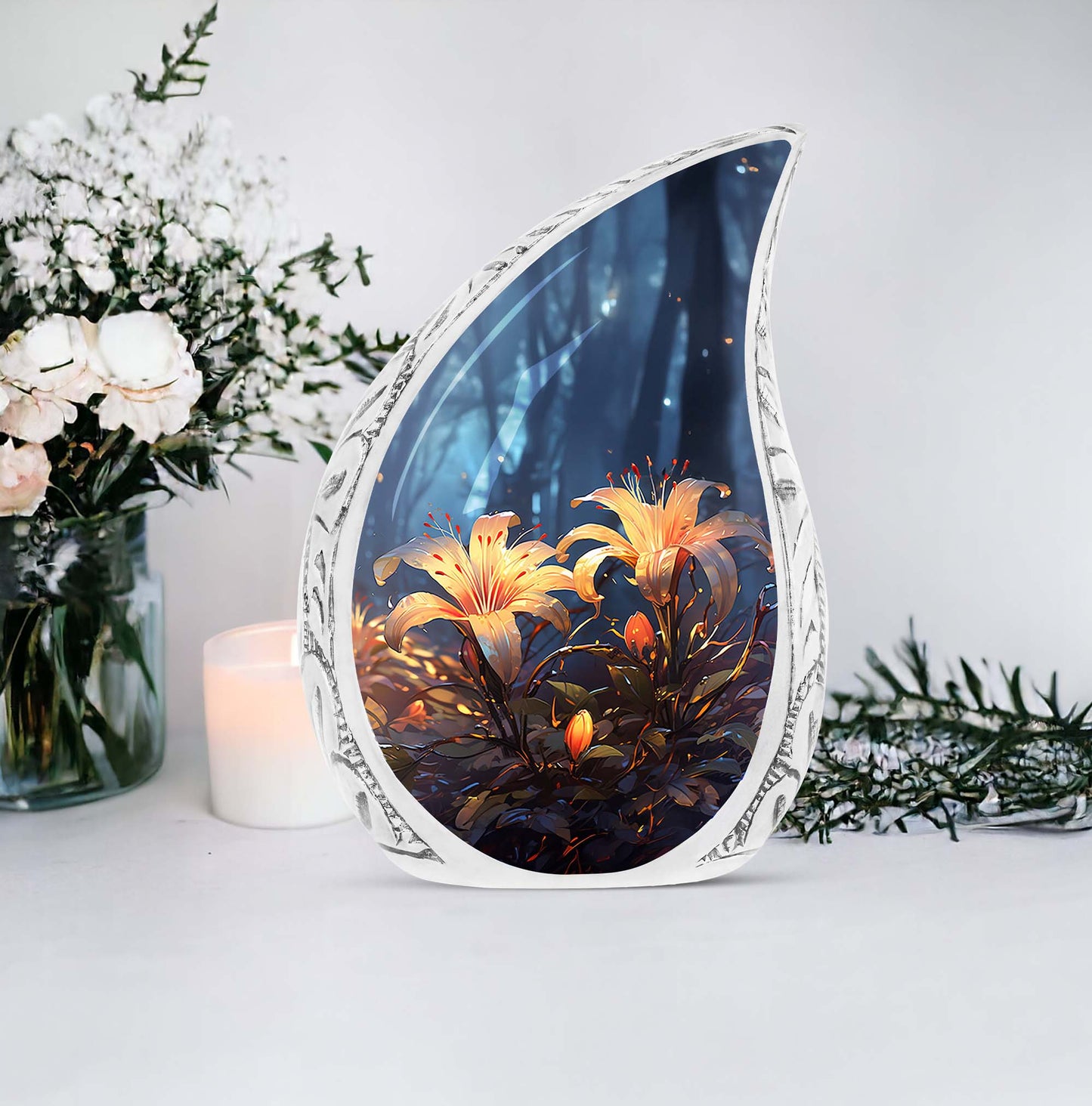 Elegant large urn for ashes featuring a beautiful yellow lilly, suitable for women, designed for burial in ground or metal cremation