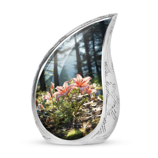 Large cremation urn with pink lily design for adult human ashes in a forest setting
