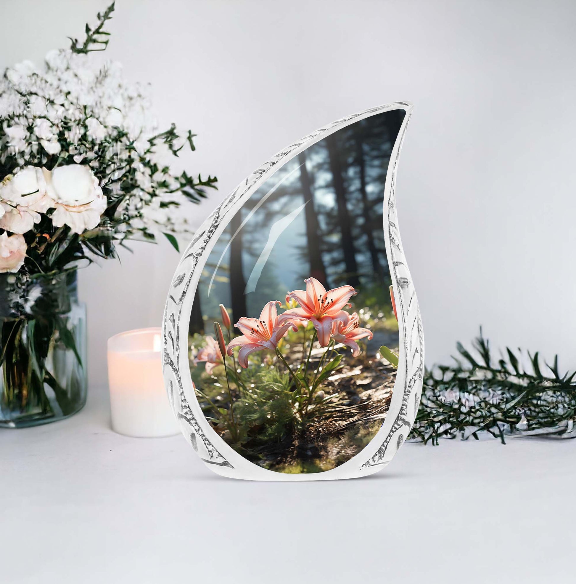 Large cremation urn with pink lily design for adult human ashes in a forest setting