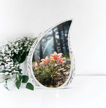 Large cremation urn with pink lily design for adult human ashes in a forest setting