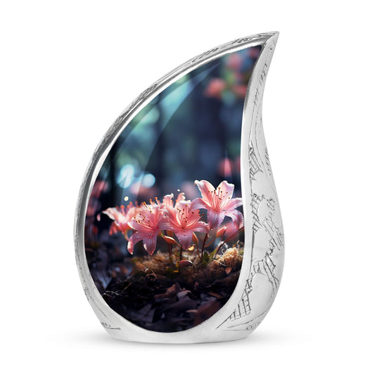 Large pink lilly decorated burial urn for adult ashes, with delicate water drop detail