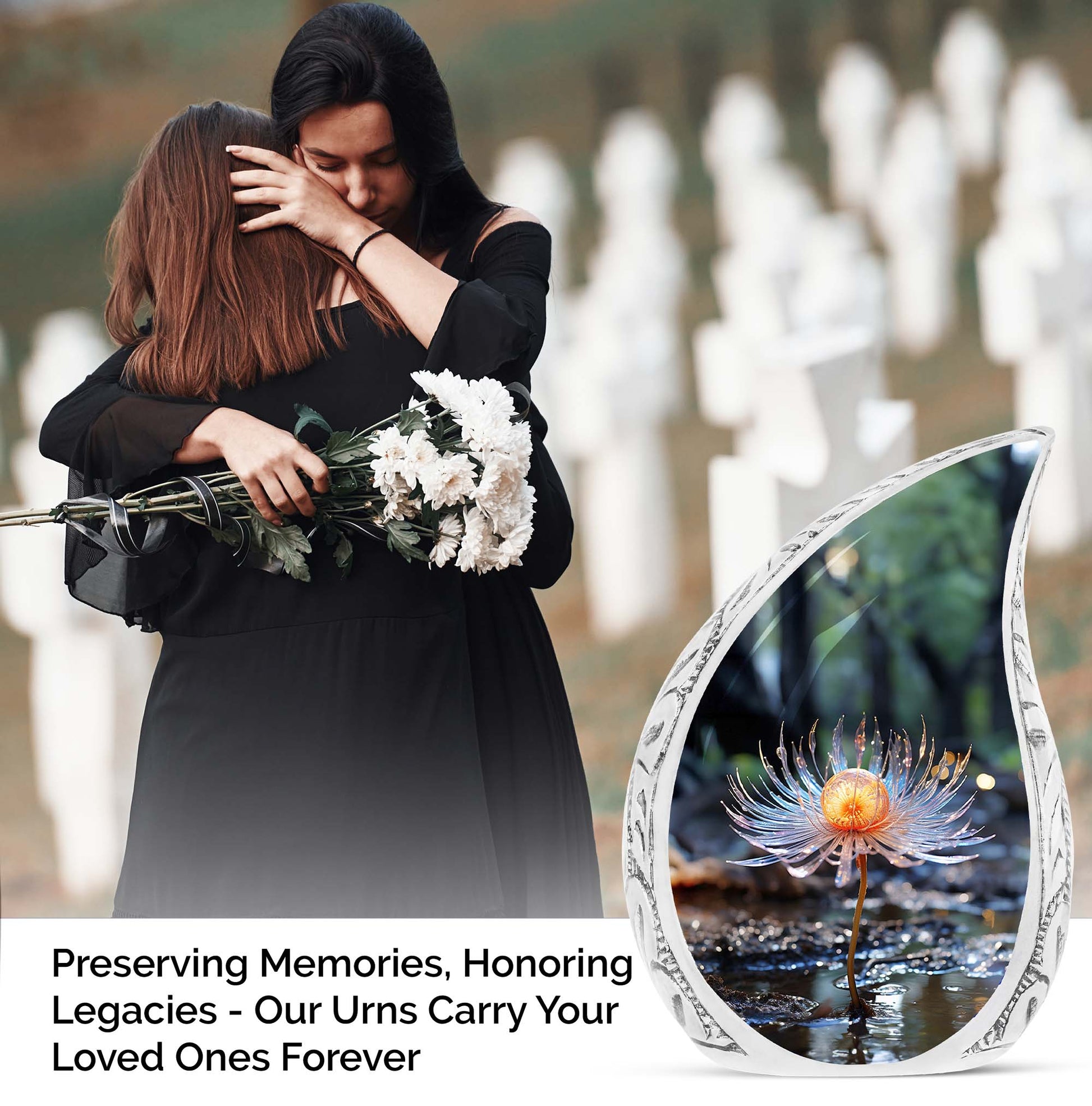 Large Glass Cremation Urn featuring Single Lilly design, ideal keepsake for mom, suitable for funeral decorations