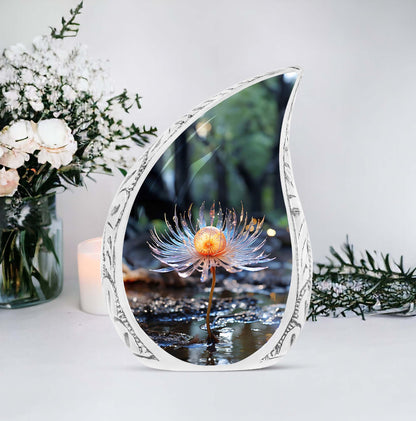 Large Glass Cremation Urn featuring Single Lilly design, ideal keepsake for mom, suitable for funeral decorations