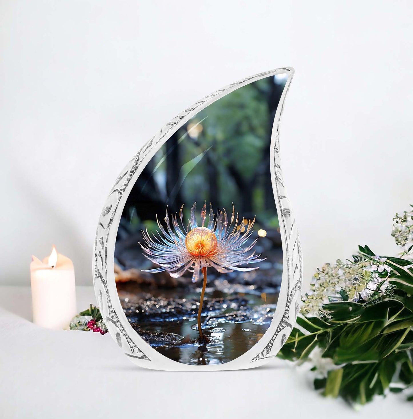 Large Glass Cremation Urn featuring Single Lilly design, ideal keepsake for mom, suitable for funeral decorations