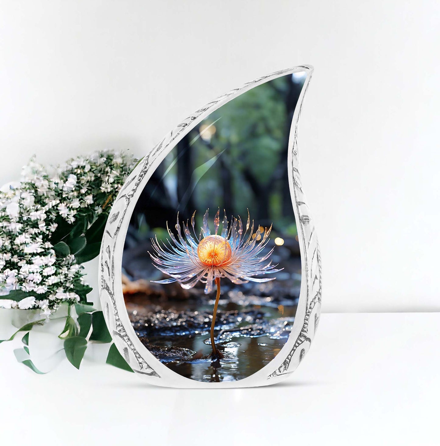 Large Glass Cremation Urn featuring Single Lilly design, ideal keepsake for mom, suitable for funeral decorations