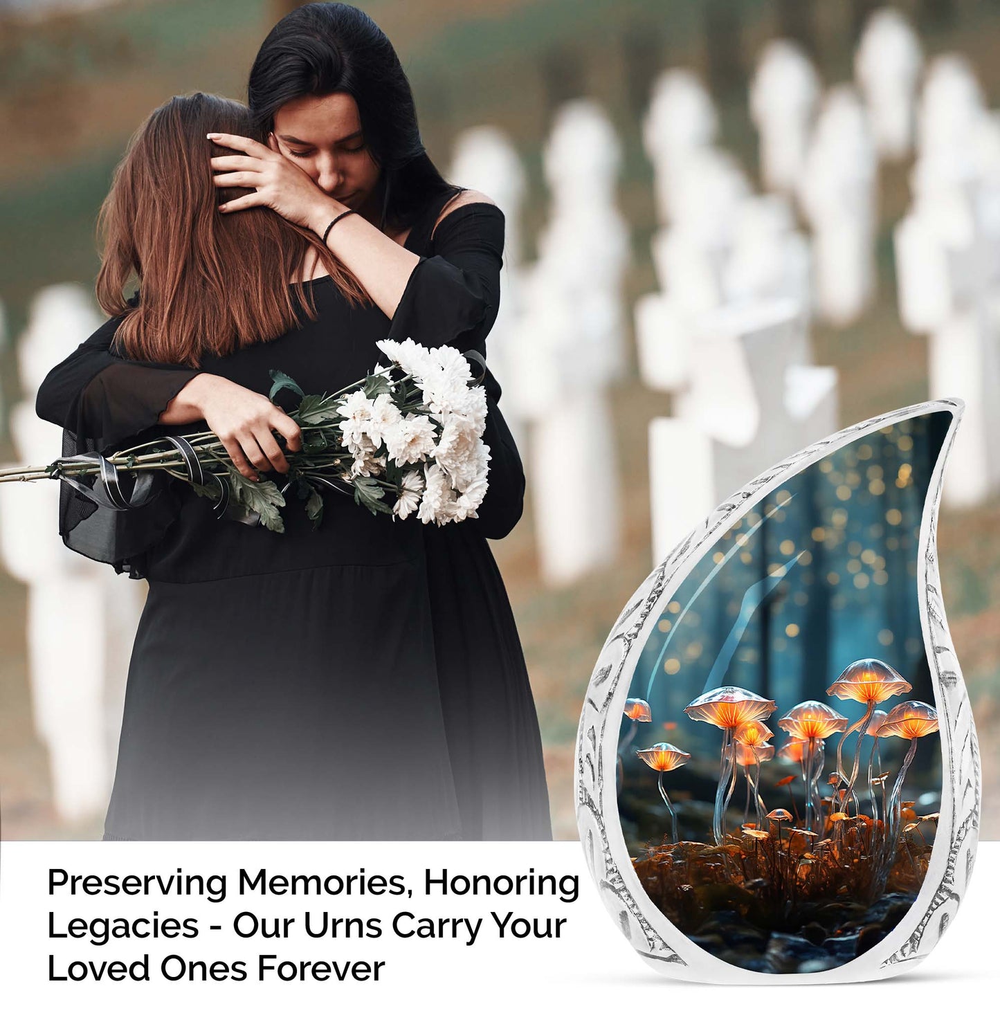 Unique lighting mushroom design on large cremation urns, ideal for adult men's ashes, exemplifying funeral and memorial urns
