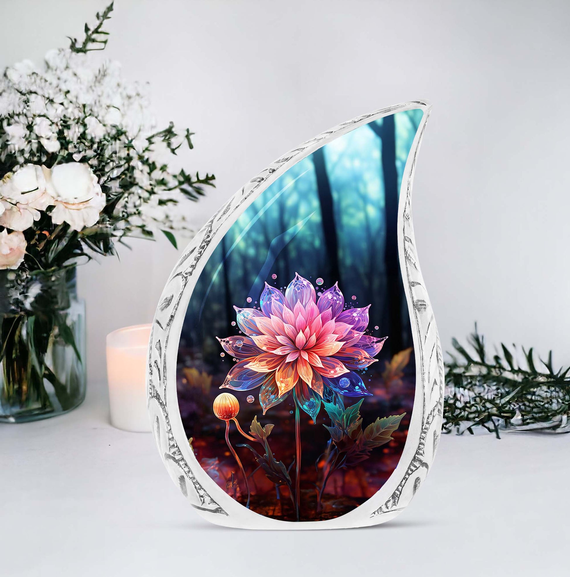 Large, decorative hologram Lilly urn for storing ashes of adult female or male person