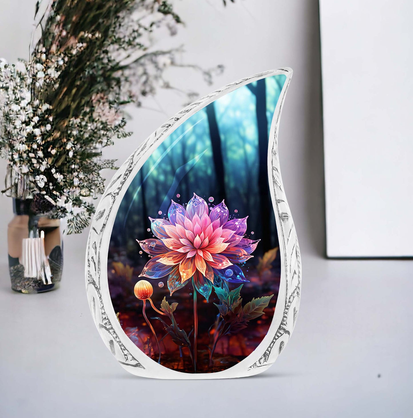 Large, decorative hologram Lilly urn for storing ashes of adult female or male person