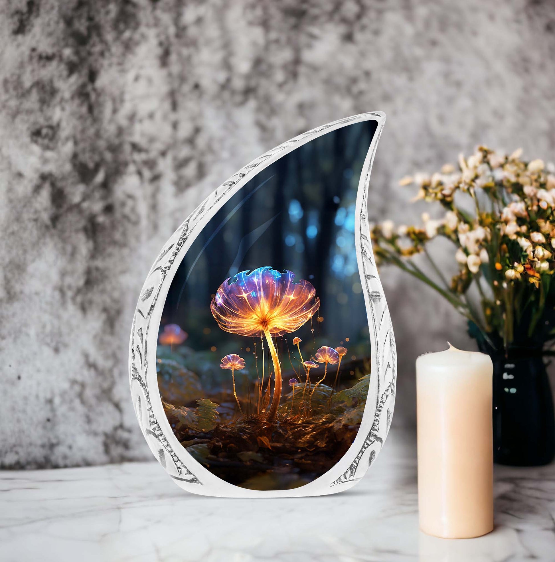 Large urn for human ashes with a glowing mushroom and water drops design