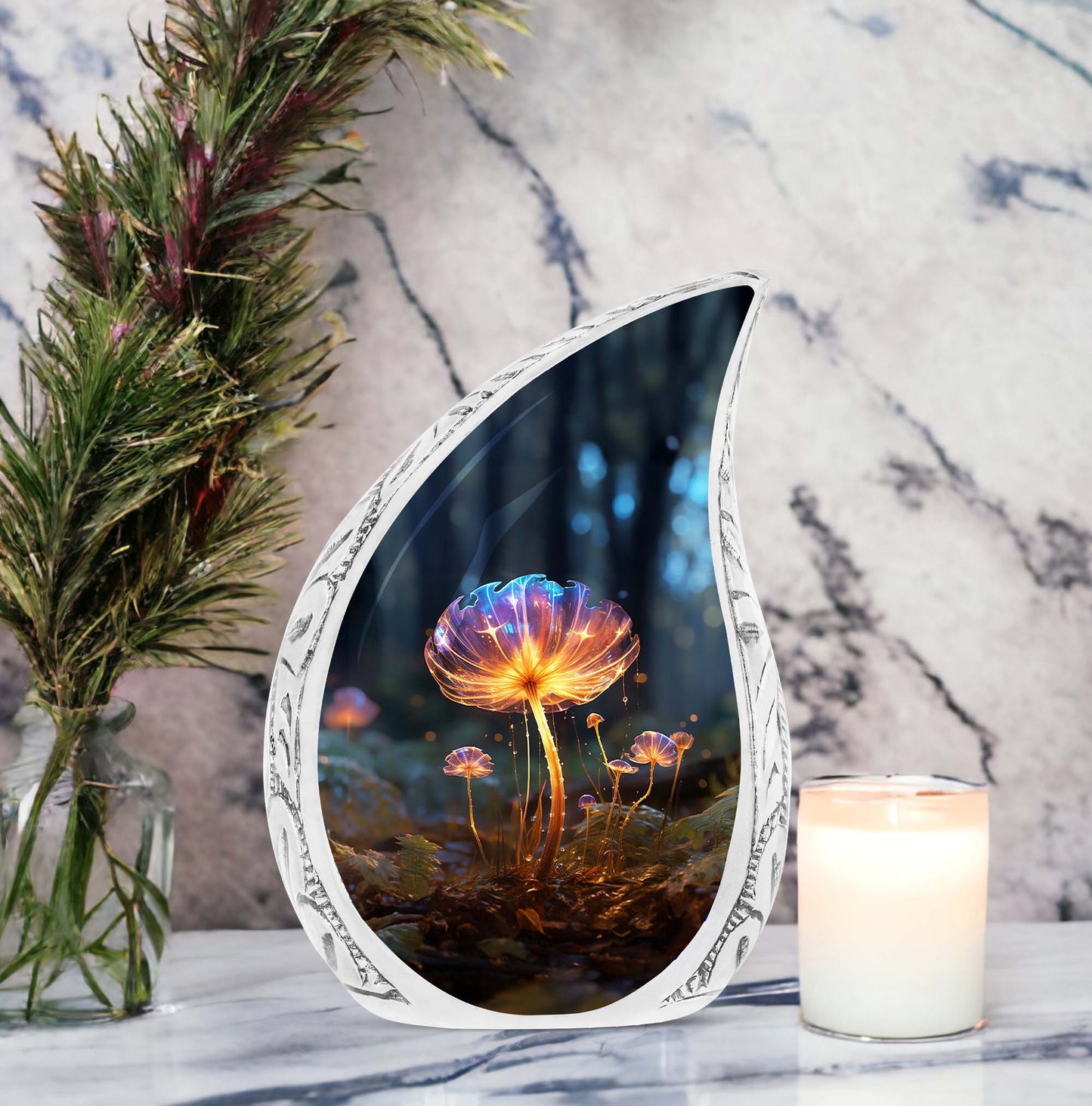 Large urn for human ashes with a glowing mushroom and water drops design