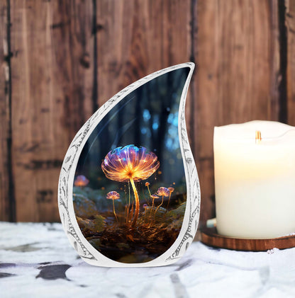 Large urn for human ashes with a glowing mushroom and water drops design