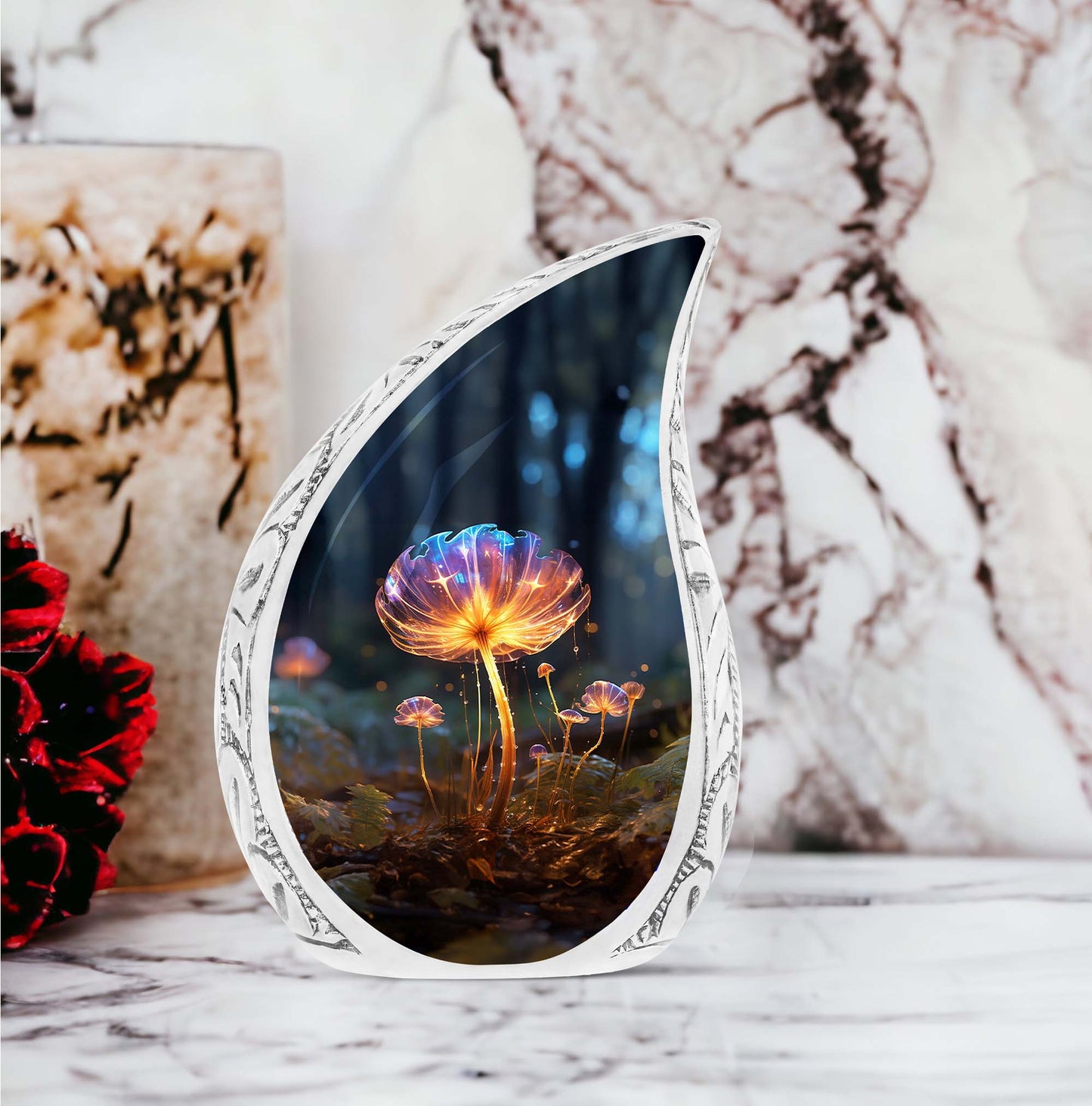 Large urn for human ashes with a glowing mushroom and water drops design