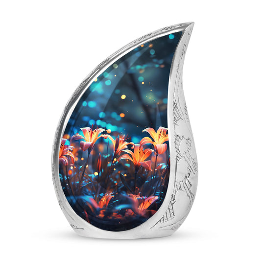 Large metal cremation urn for adult male ashes with a glowing lily on a dark background