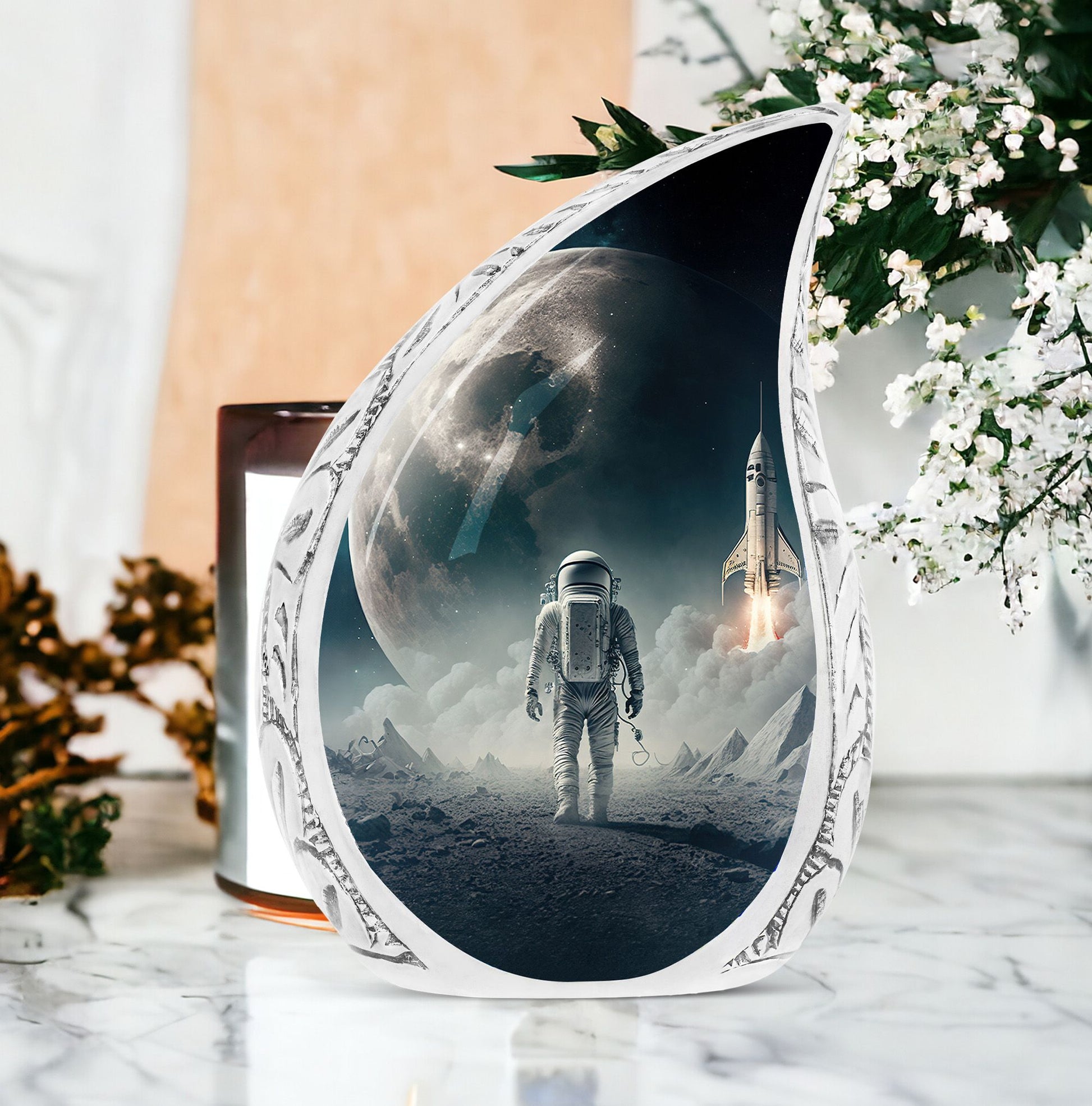 Large decorative urn for adults depicting an astronaut exploring Mars, suitable for funerals and memorials