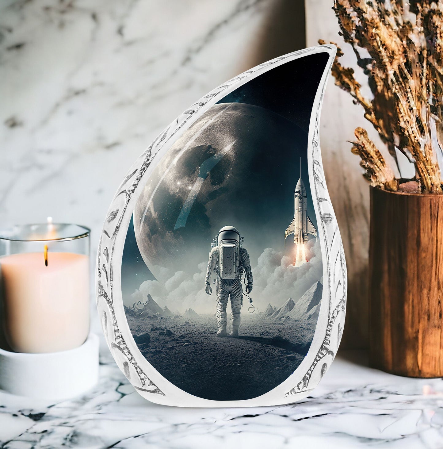 Large decorative urn for adults depicting an astronaut exploring Mars, suitable for funerals and memorials
