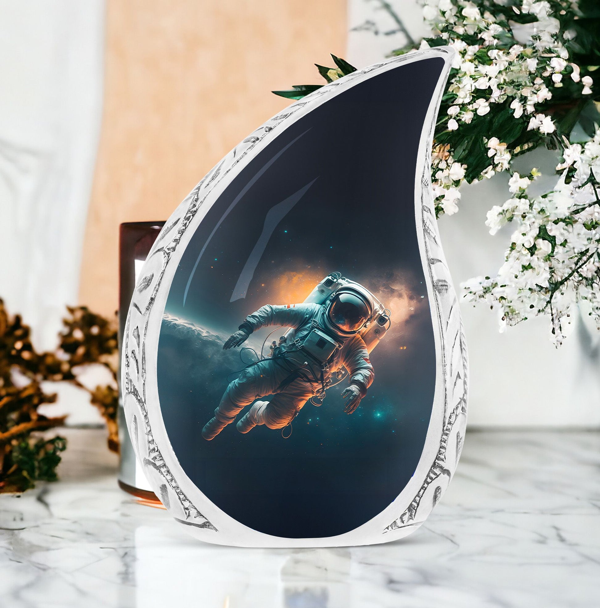 Unique large urn for human ashes, featuring astronaut in zero gravity design