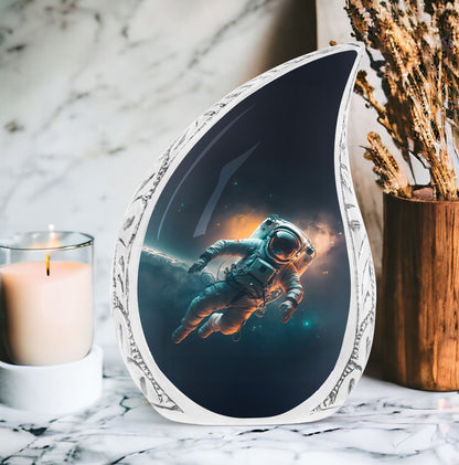 Unique large urn for human ashes, featuring astronaut in zero gravity design