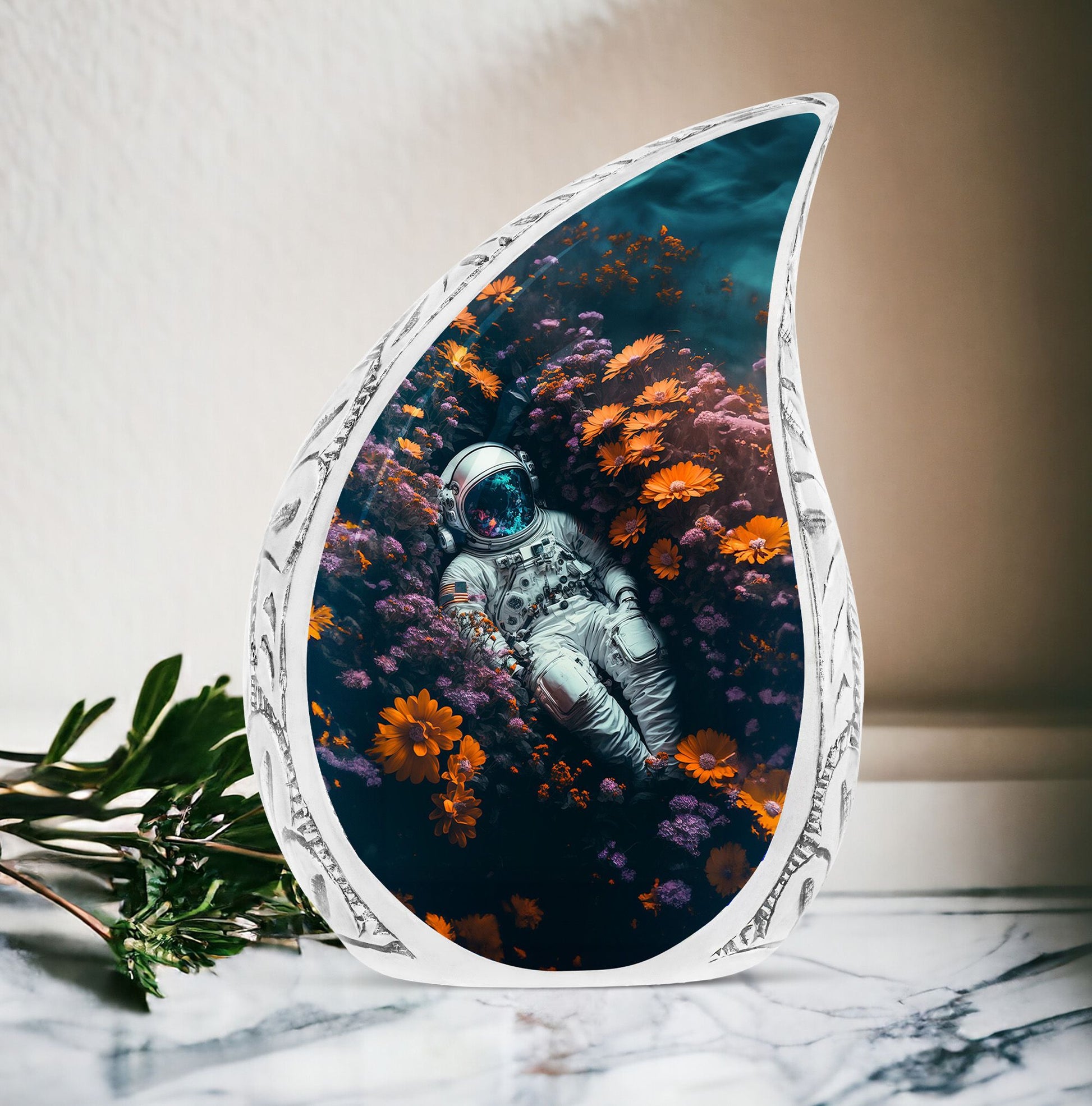 Astronaut laying flowers on large urn for adult male's ashes, a touching memorial ash container.