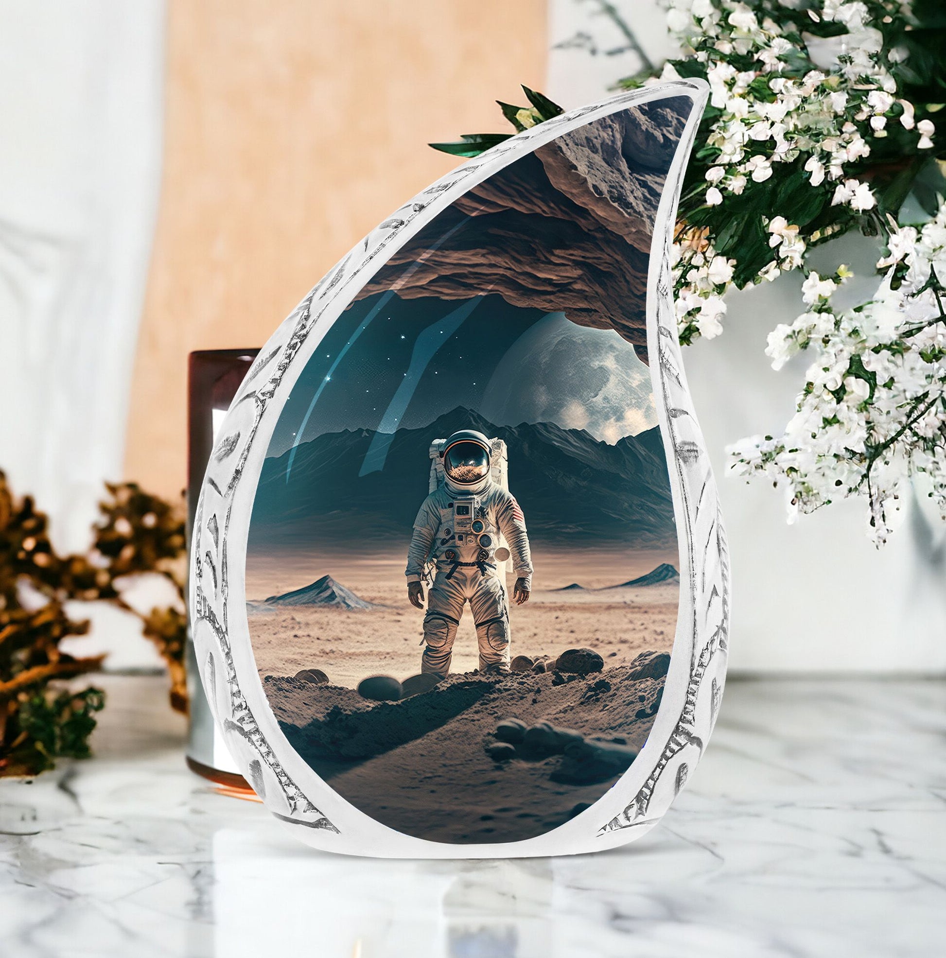 Large burial urn for adult human ashes with an astronaut in open space illustration design