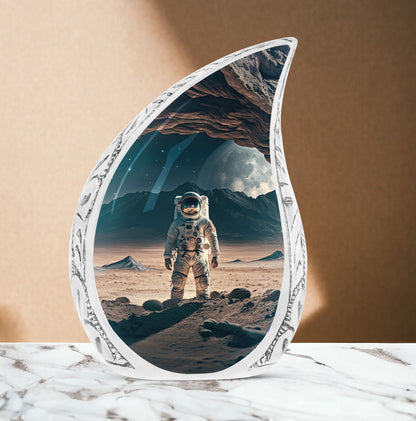 Large burial urn for adult human ashes with an astronaut in open space illustration design
