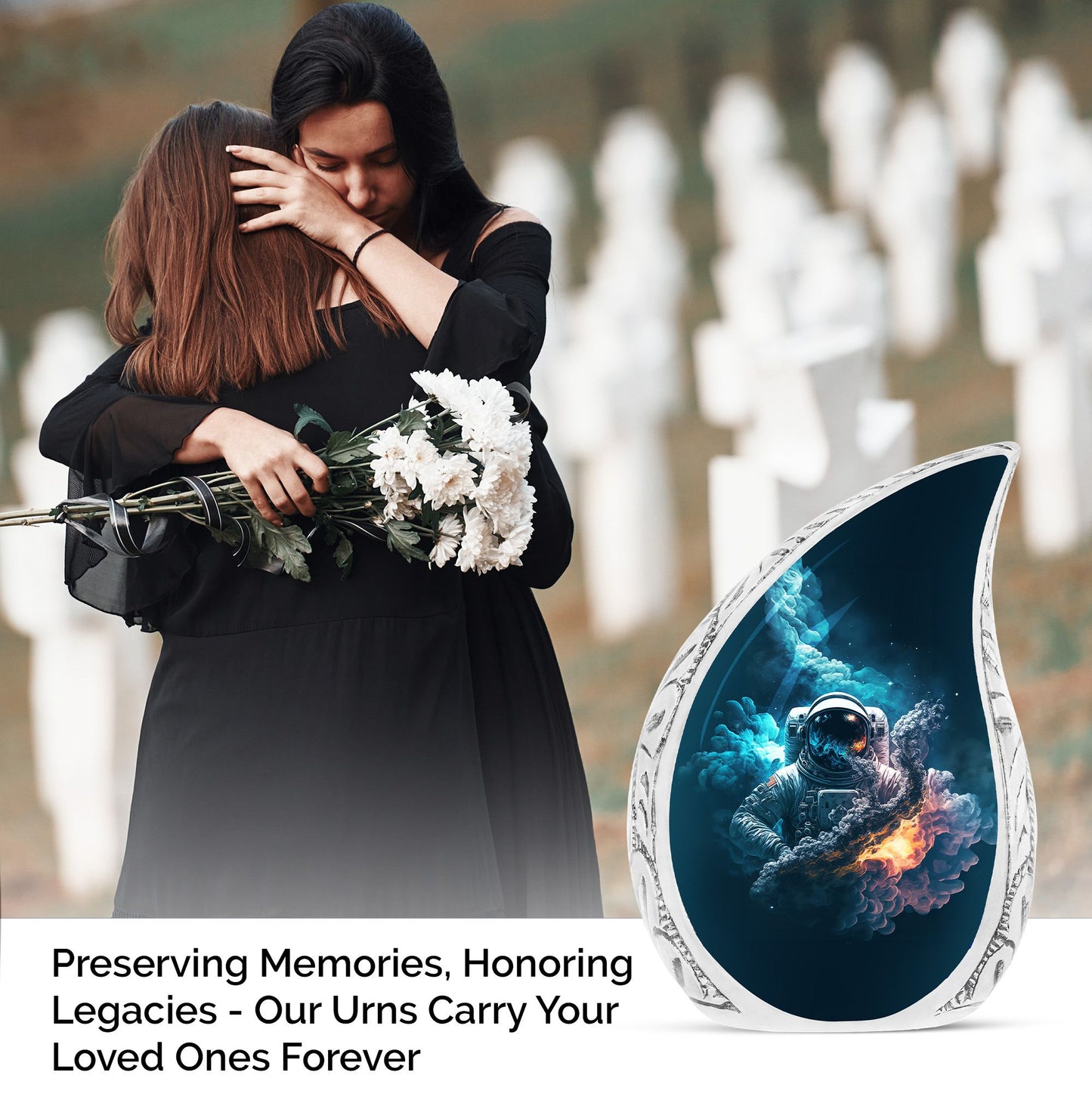 Unique large urn for mother's ashes with astronaut space double exposure design, perfect for burial or decorative use