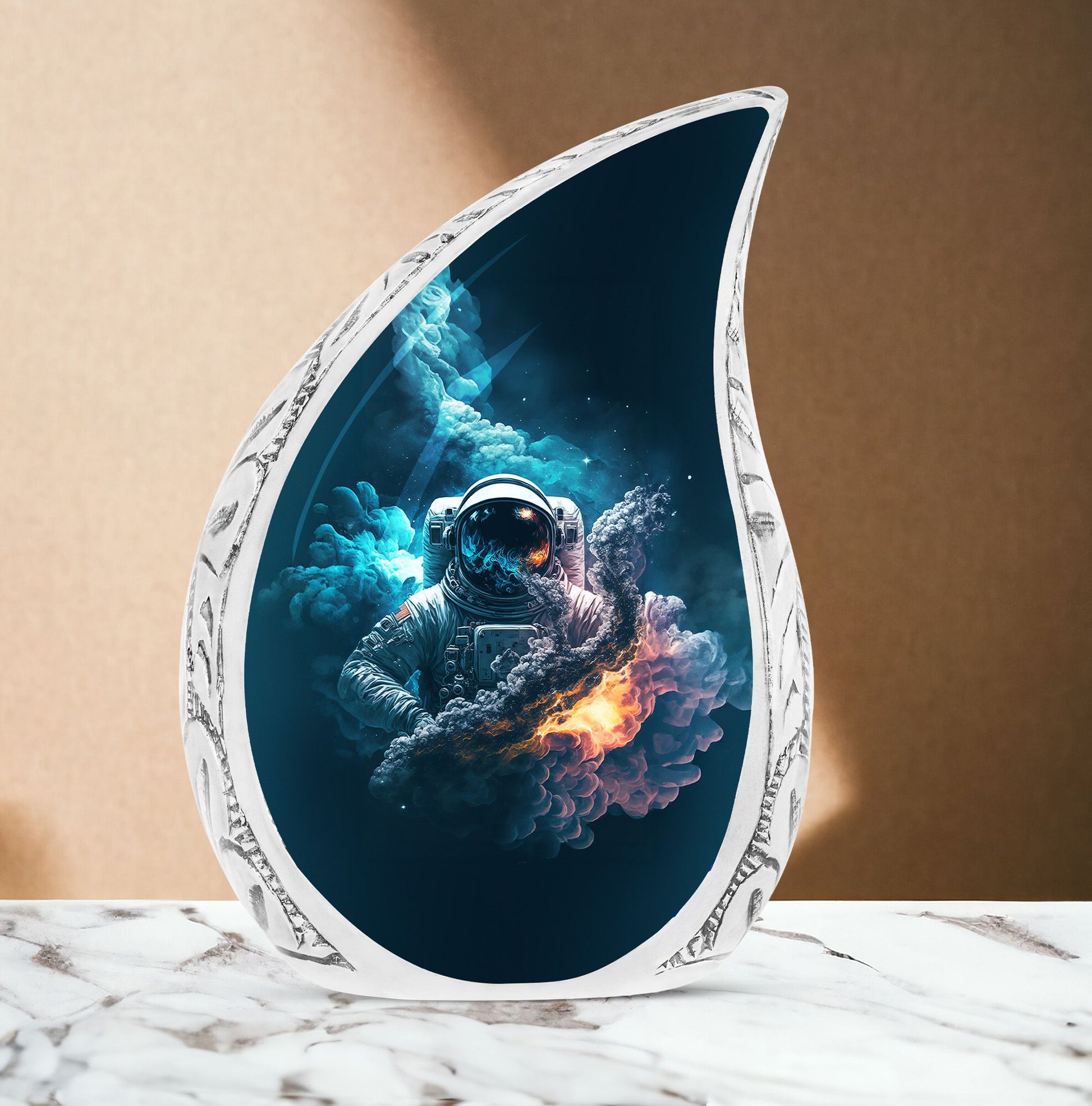Unique large urn for mother's ashes with astronaut space double exposure design, perfect for burial or decorative use