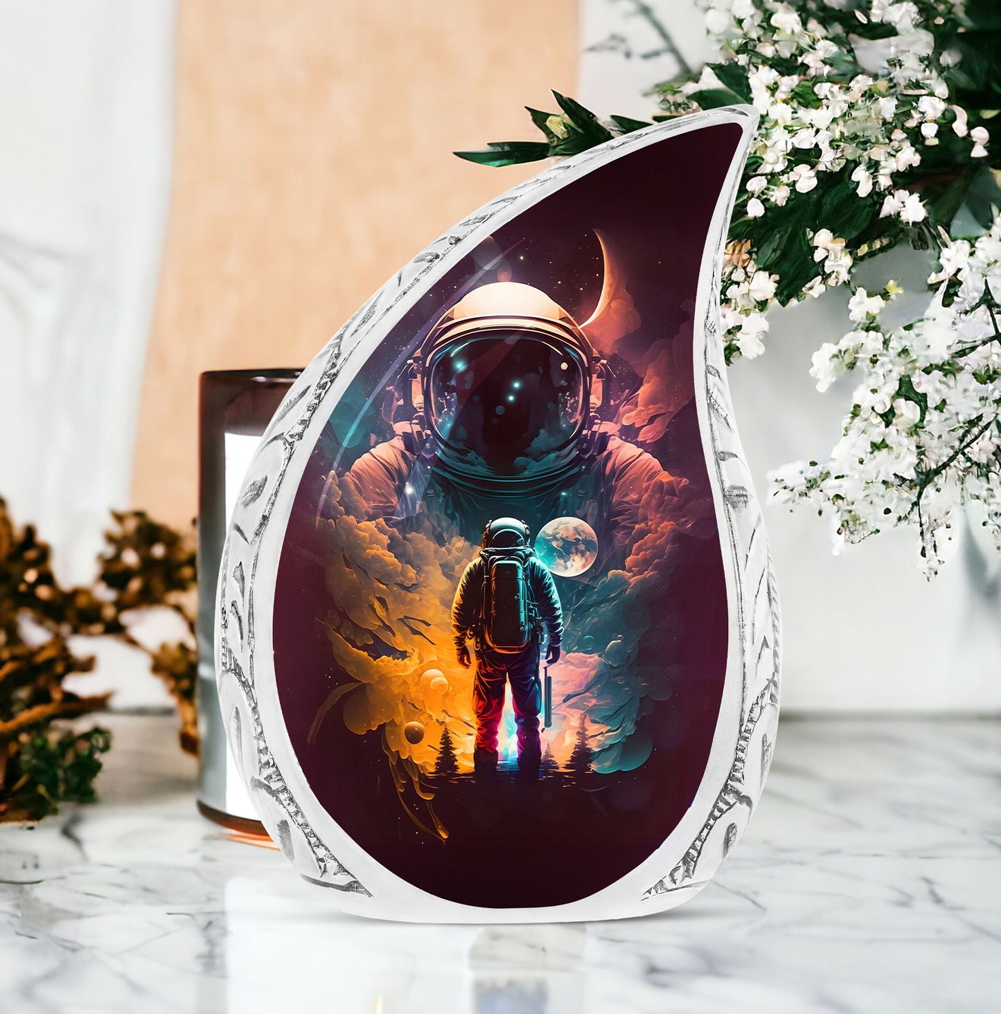 Large cremation urn featuring astronaut space suit designs, a unique vase for human ashes