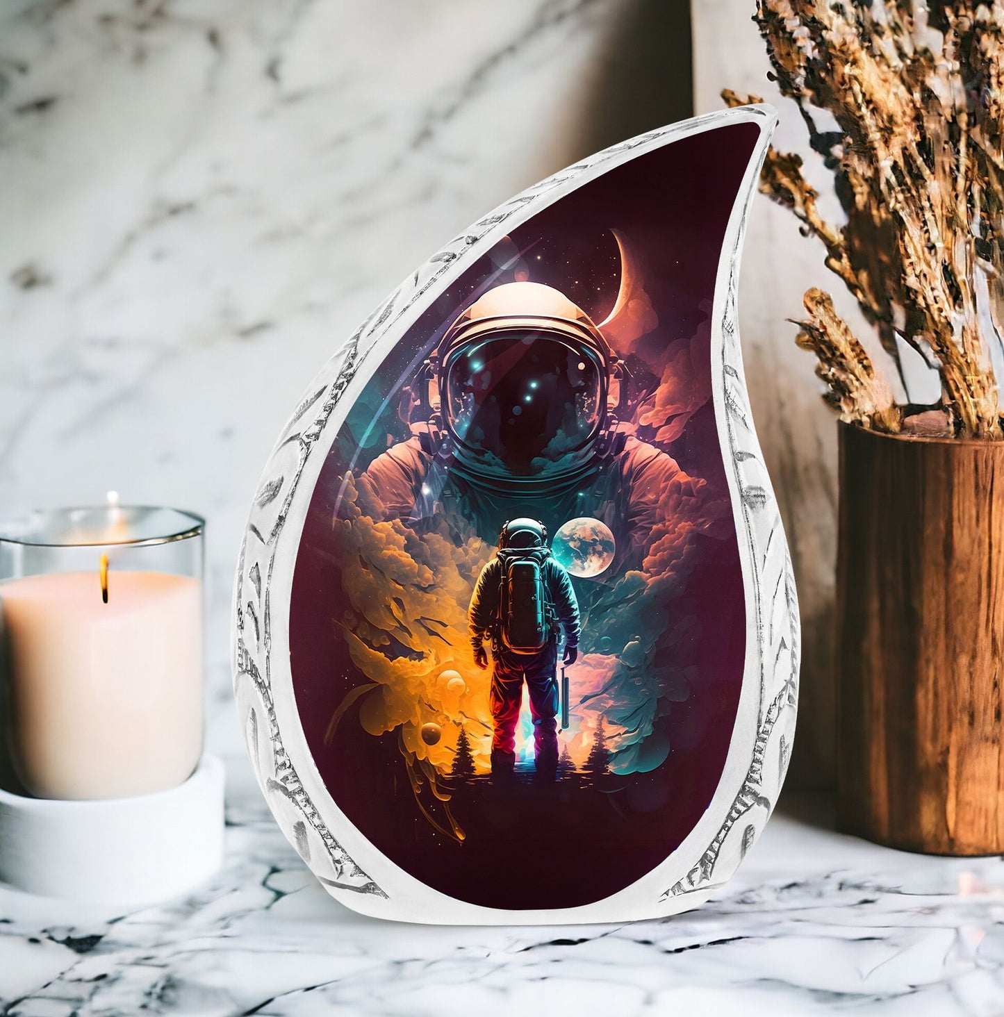 Large cremation urn featuring astronaut space suit designs, a unique vase for human ashes