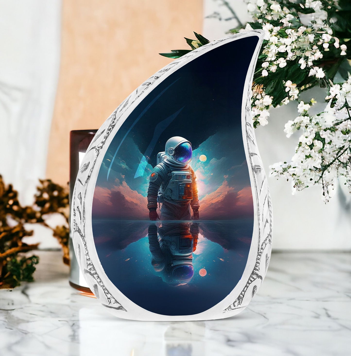 Large cremation urn with astronaut space and planet imagery, ideal for men who loved astronomy