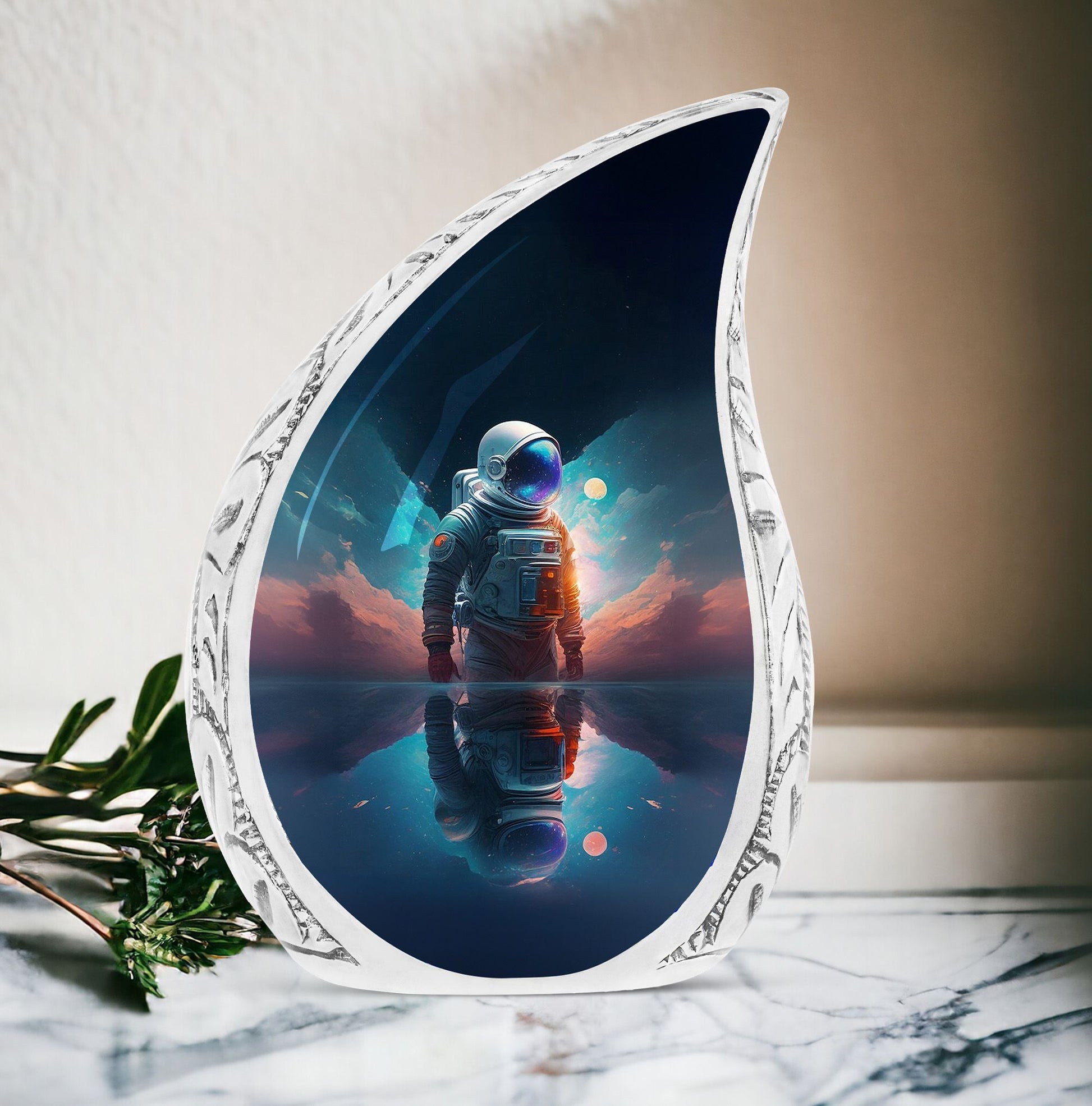 Large cremation urn with astronaut space and planet imagery, ideal for men who loved astronomy