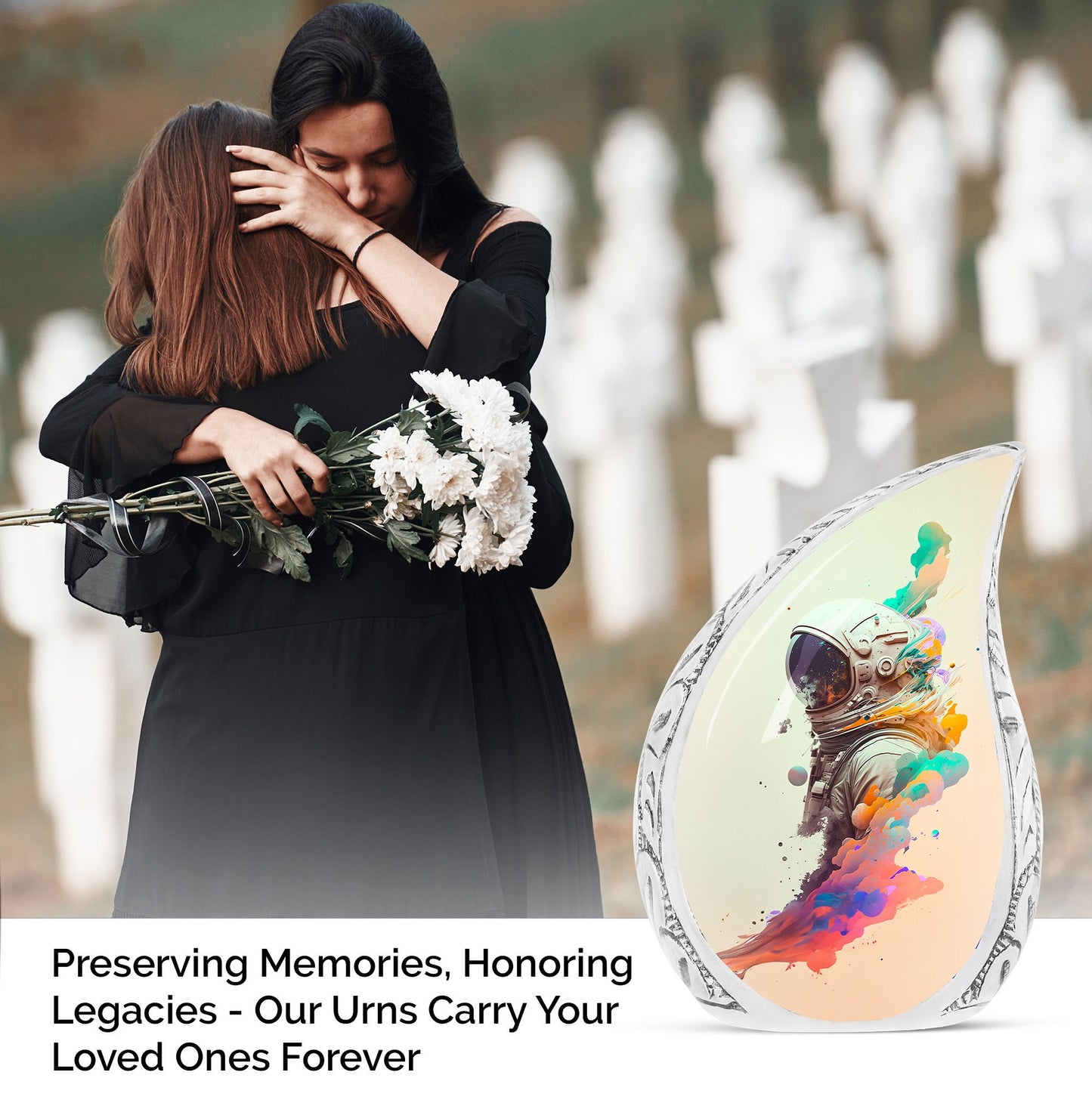 Large urn featuring an astronaut amidst space clouds, suitable for human ashes burial. Ideal cremation urn for adult man.