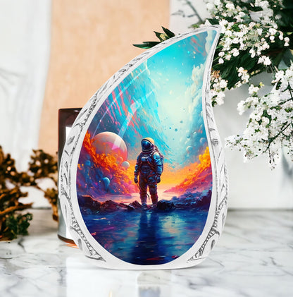 Large Metal Cremation Urn for ashes with Astronaut Spacesuit painted background, Ideal for adult male or female