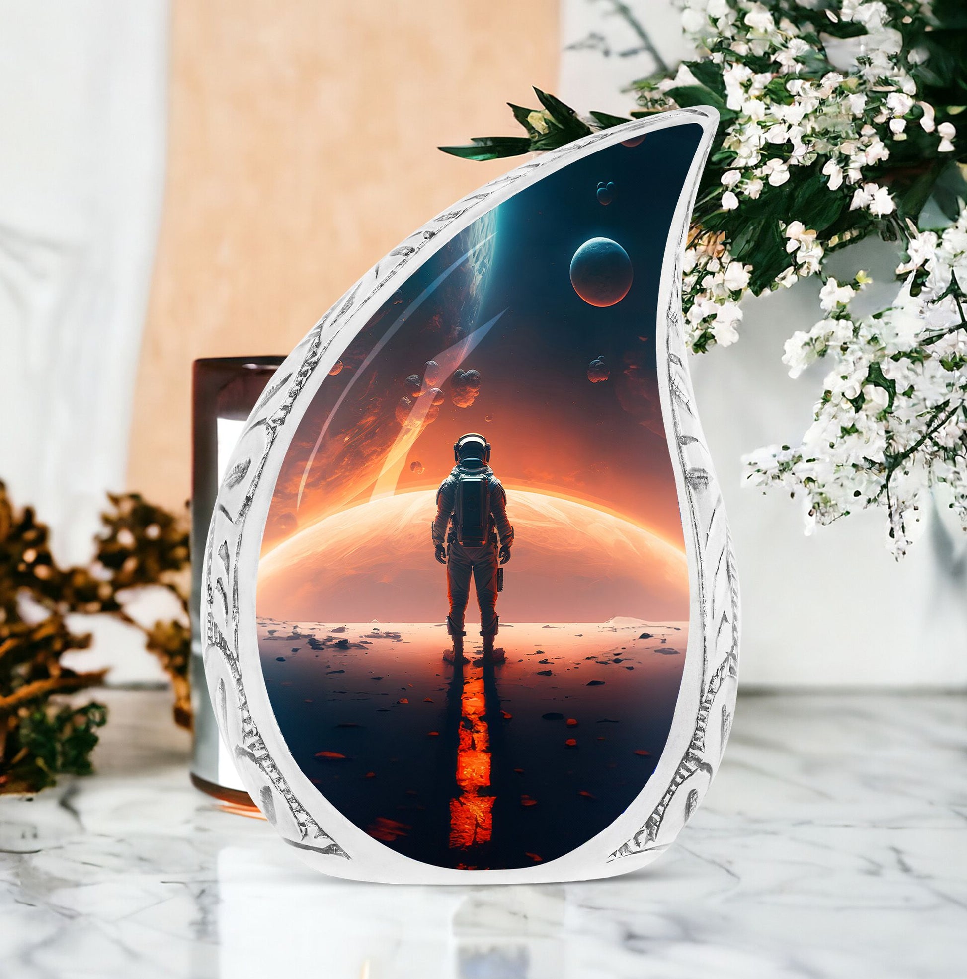 Large urn for adult human ashes, featuring an astronaut artistically facing towards space. In a style suitable for both male and female funerals.