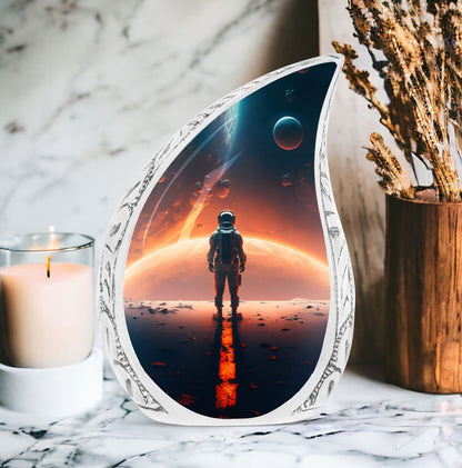 Large urn for adult human ashes, featuring an astronaut artistically facing towards space. In a style suitable for both male and female funerals.