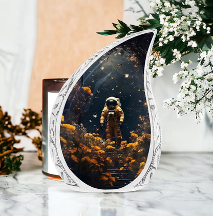 Unique large urn for men displaying an astronaut walking through a field of flowers, ideal for preserving adult human ashes.