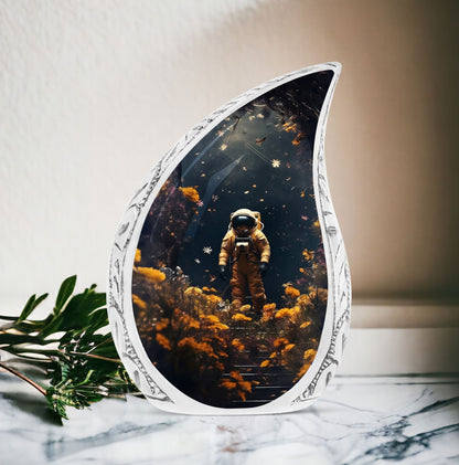 Unique large urn for men displaying an astronaut walking through a field of flowers, ideal for preserving adult human ashes.