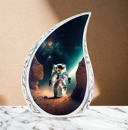 A large Astronaut themed burial urn, perfect for funeral decorations, holding adult human ashes, lit subtly