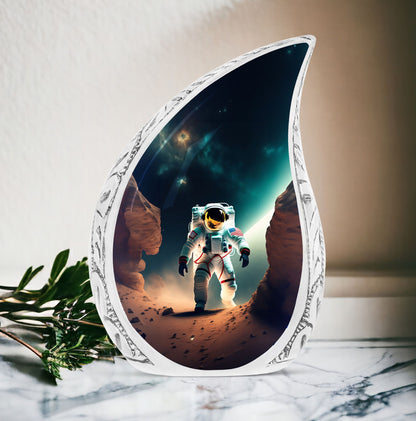 A large Astronaut themed burial urn, perfect for funeral decorations, holding adult human ashes, lit subtly