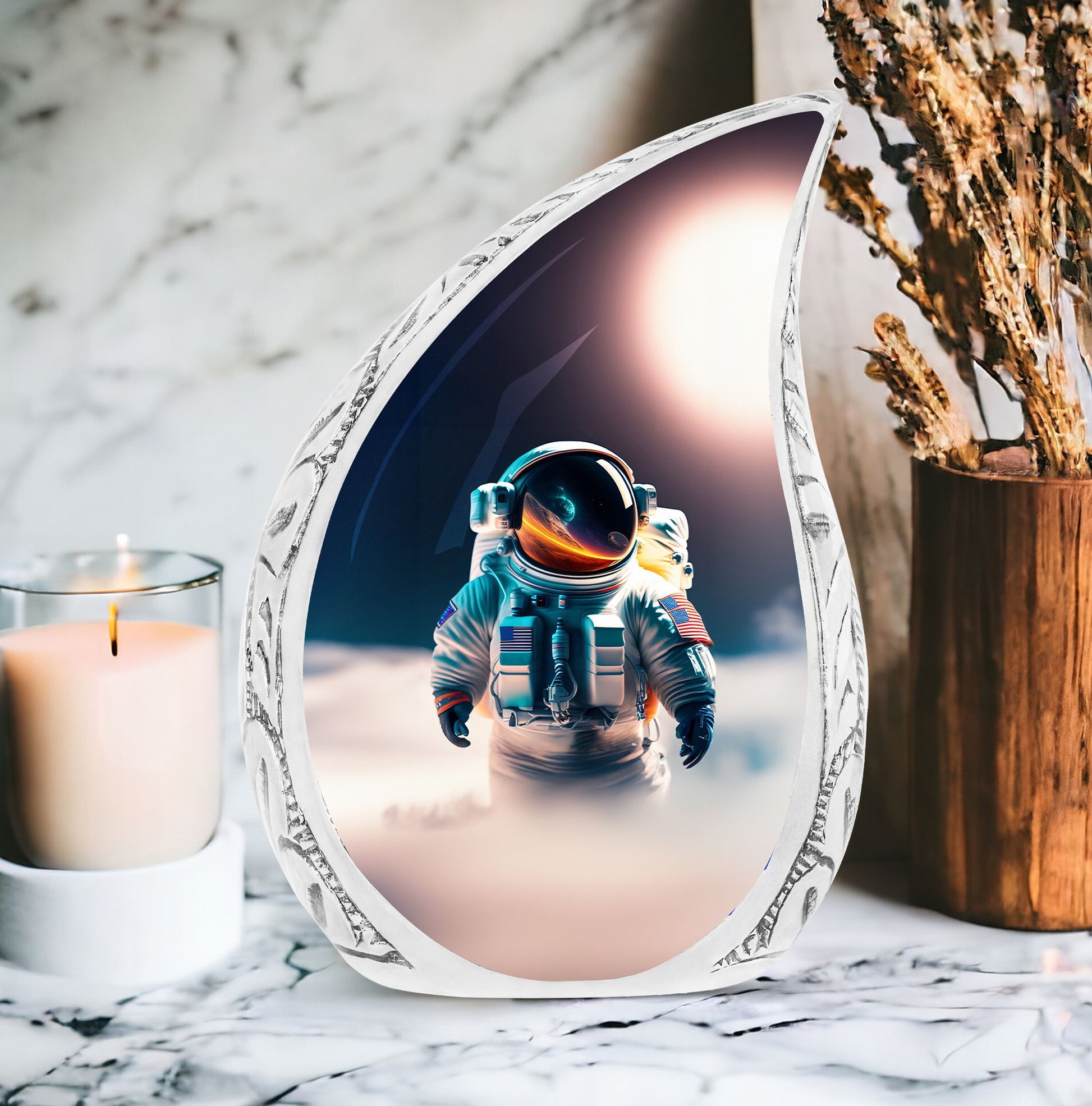 Large urn for adult ashes, featuring an astronaut and planet sunset imagery. Unique funeral urn choice for men