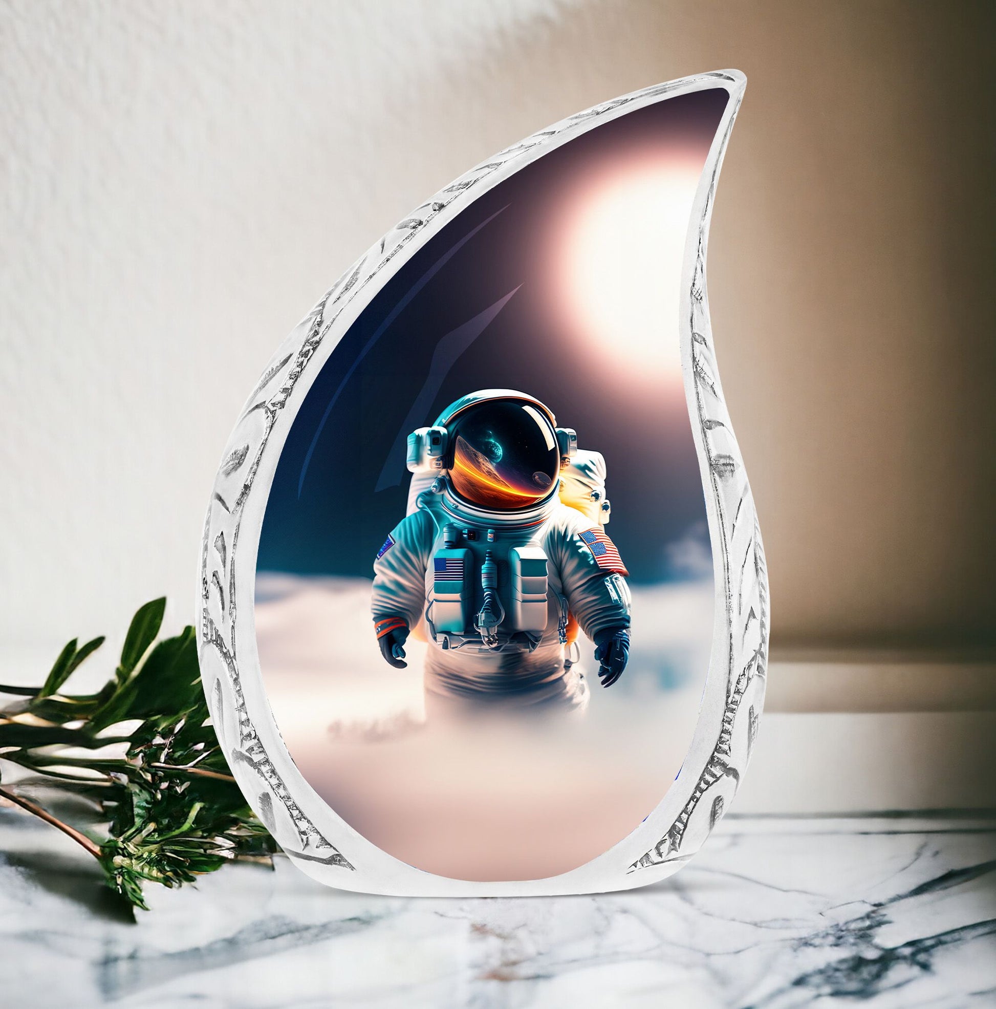 Large urn for adult ashes, featuring an astronaut and planet sunset imagery. Unique funeral urn choice for men