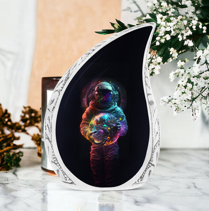 Creative image of an astronaut holding a vibrant planet, designed as a large urn for human ashes or cremains
