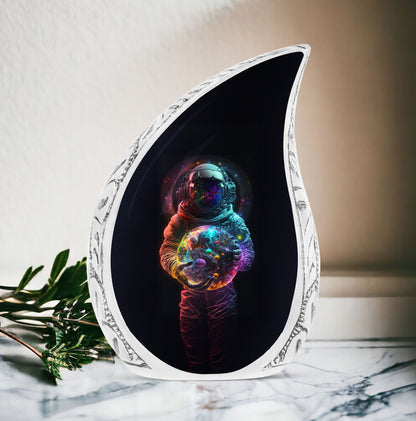 Creative image of an astronaut holding a vibrant planet, designed as a large urn for human ashes or cremains